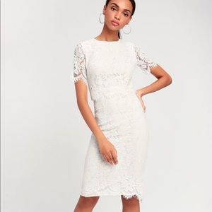 LuLus devotion white lace short sleeve midi dress